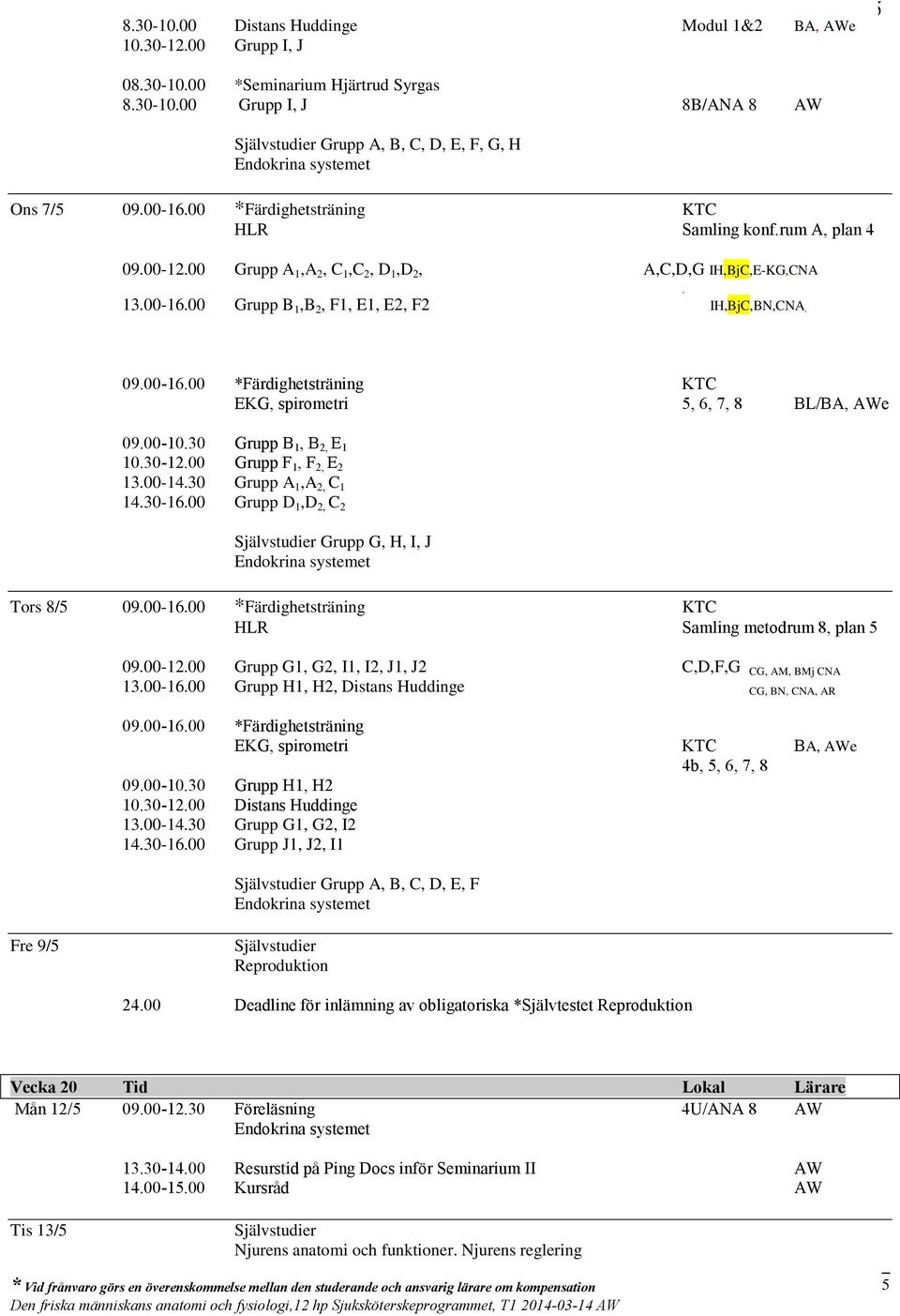 00 Grupp B 1,B 2, F1, E1, E2, F2 IH,BjC,BN,CNA,, 09.00-16.00 *Färdighetsträning KTC EKG, spirometri 5, 6, 7, 8 BL/BA, AWe 09.00-10.30 Grupp B 1, B 2, E 1 10.30-12.00 Grupp F 1, F 2, E 2 13.00-14.