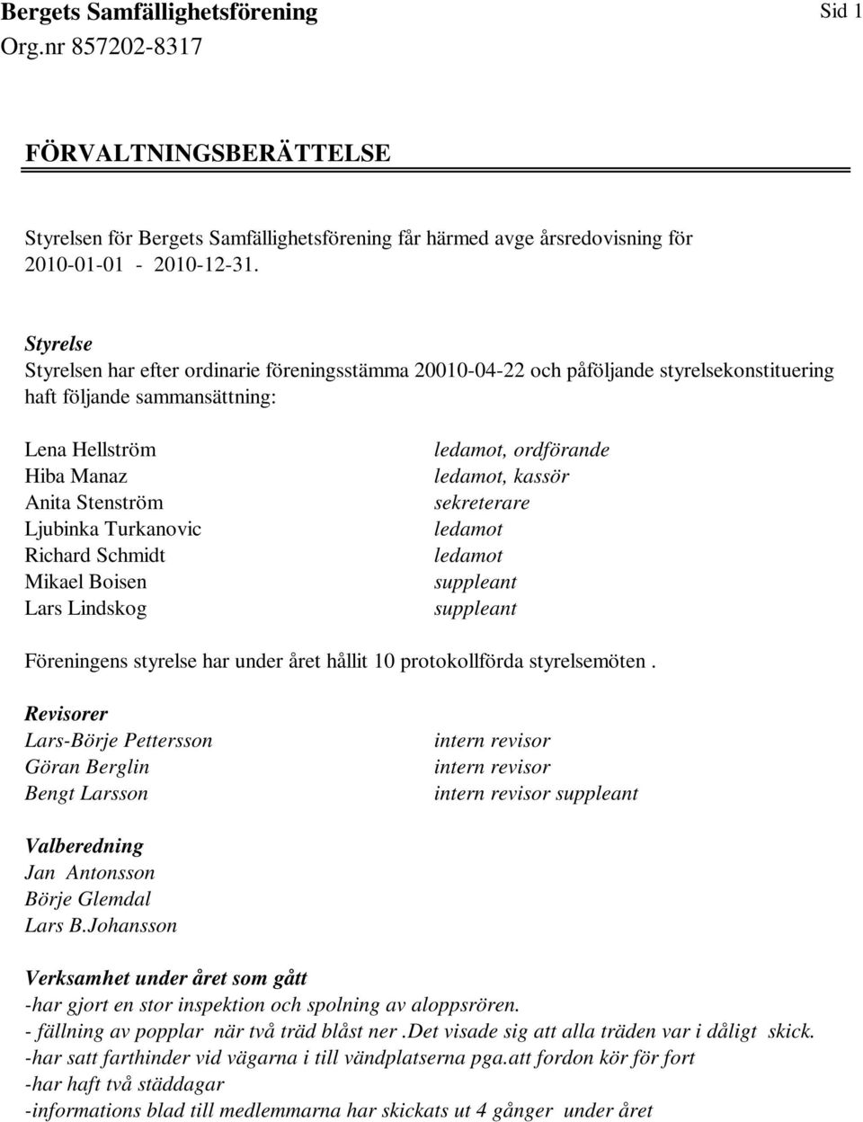 Richard Schmidt Mikael Boisen Lars Lindskog ledamot, ordförande ledamot, kassör sekreterare ledamot ledamot suppleant suppleant Föreningens styrelse har under året hållit 10 protokollförda