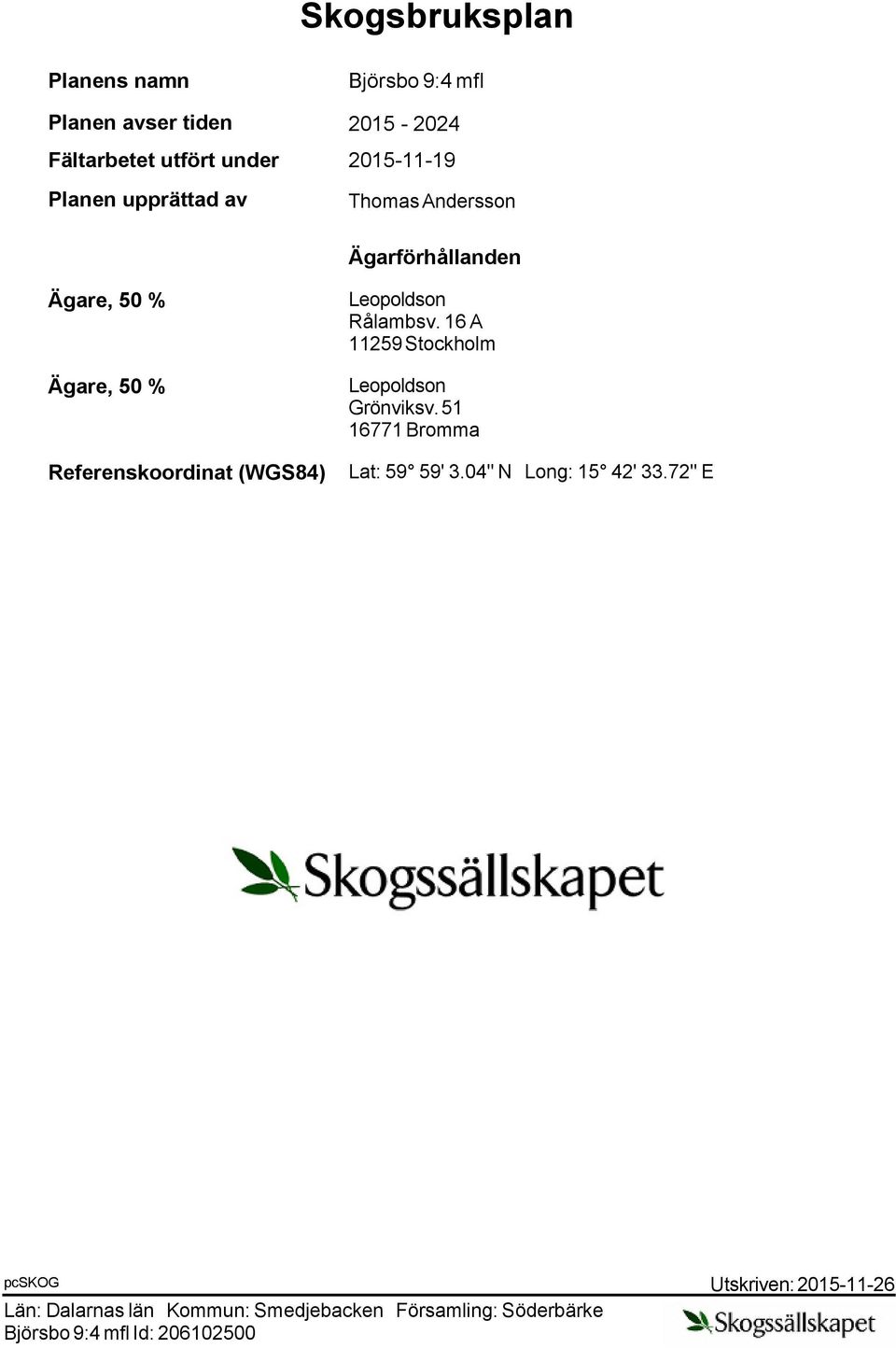 Ägare, 50 % Ägare, 50 % Referenskoordinat (WGS84) Leopoldson Rålambsv.