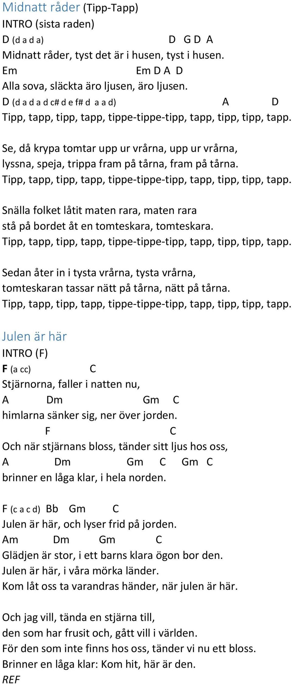 Snälla folket låtit maten rara, maten rara stå på bordet åt en tomteskara, tomteskara. Sedan åter in i tysta vrårna, tysta vrårna, tomteskaran tassar nätt på tårna, nätt på tårna.