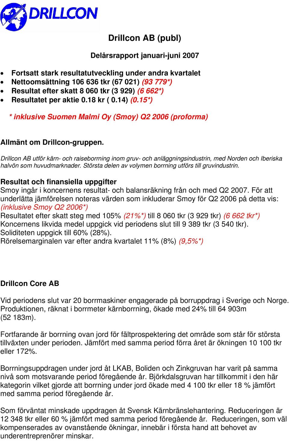 Drillcon AB utför kärn- och raiseborrning inom gruv- och anläggningsindustrin, med Norden och Iberiska halvön som huvudmarknader. Största delen av volymen borrning utförs till gruvindustrin.