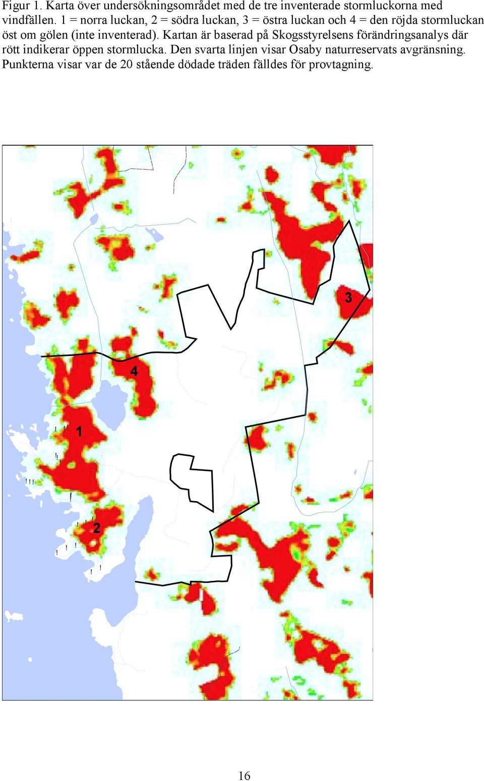 inventerad). Kartan är baserad på Skogsstyrelsens förändringsanalys där rött indikerar öppen stormlucka.