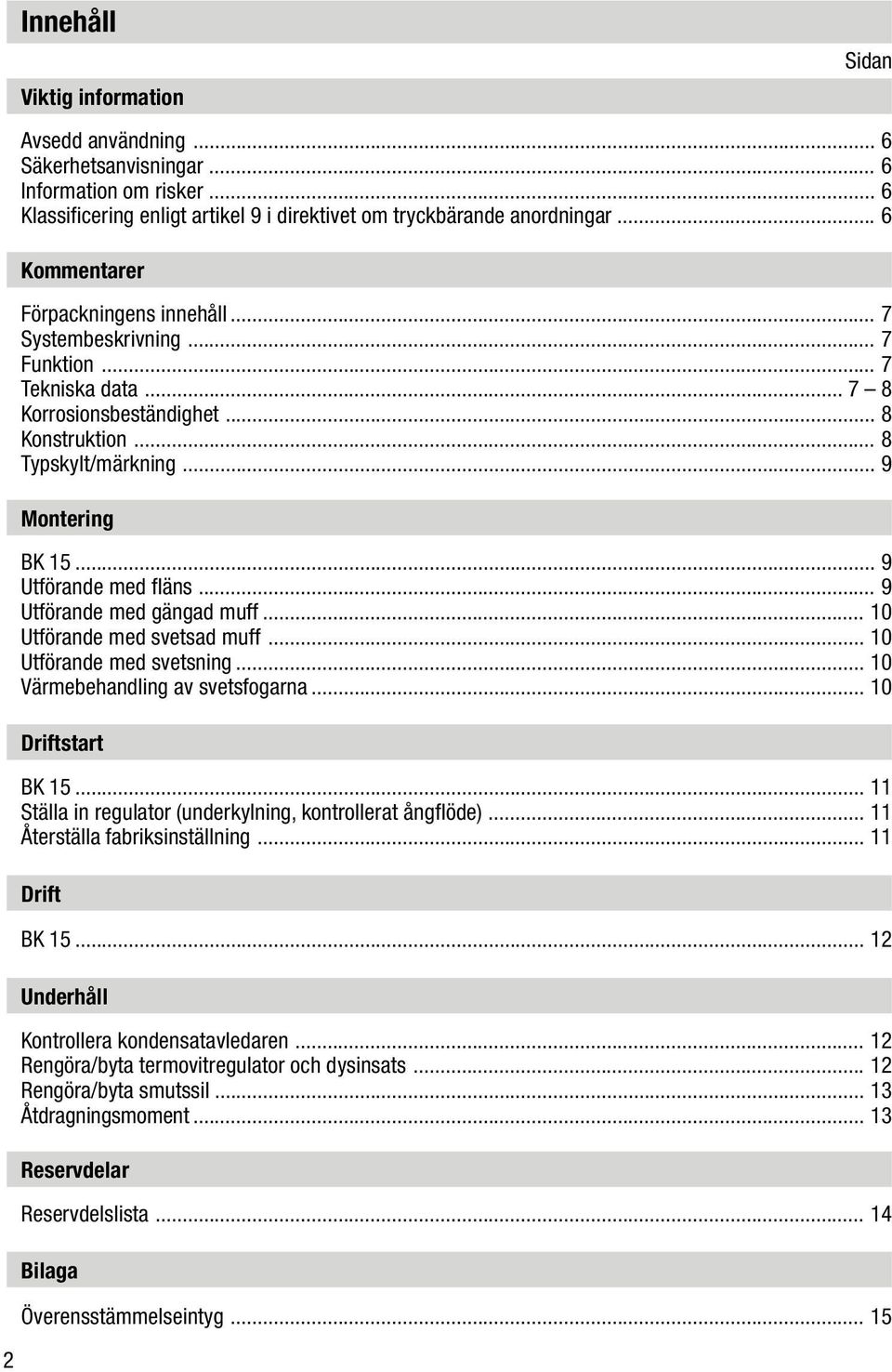 .. 9 Utförande med fläns... 9 Utförande med gängad muff... 10 Utförande med svetsad muff... 10 Utförande med svetsning... 10 Värmebehandling av svetsfogarna... 10 Driftstart BK 15.