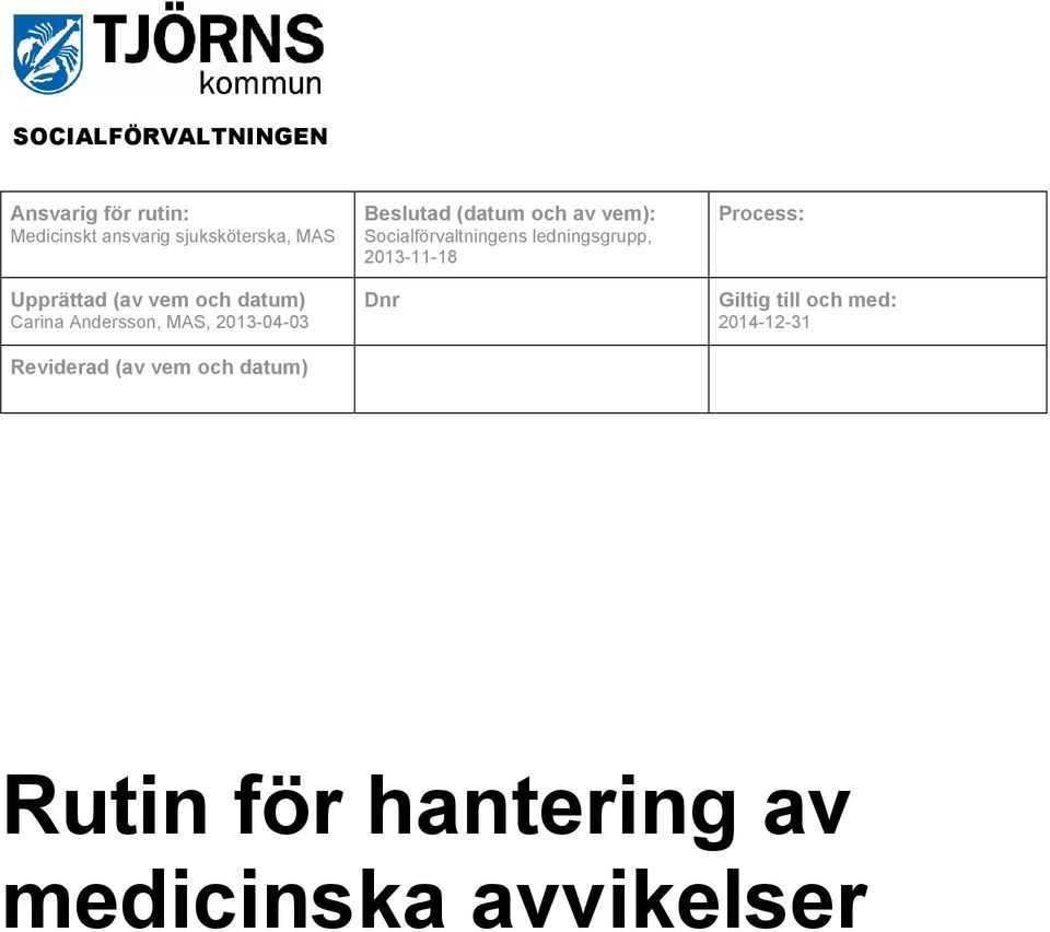 Beslutad (datum och av vem): Socialförvaltningens ledningsgrupp, 2013-11-18