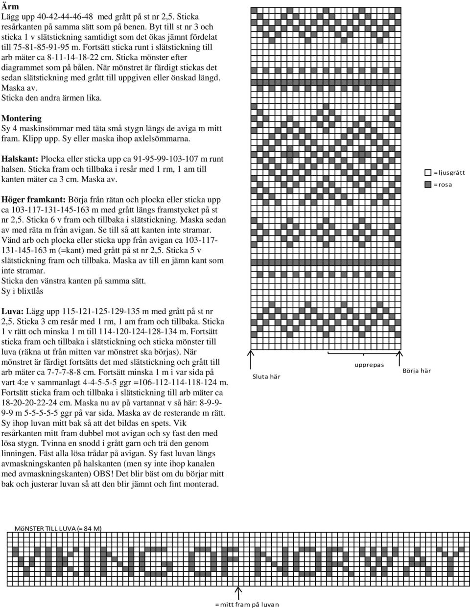 Sticka mönster efter diagrammet som på bålen. När mönstret är färdigt stickas det sedan slätstickning med grått till uppgien eller önskad längd. Maska a. Sticka den andra ärmen lika.