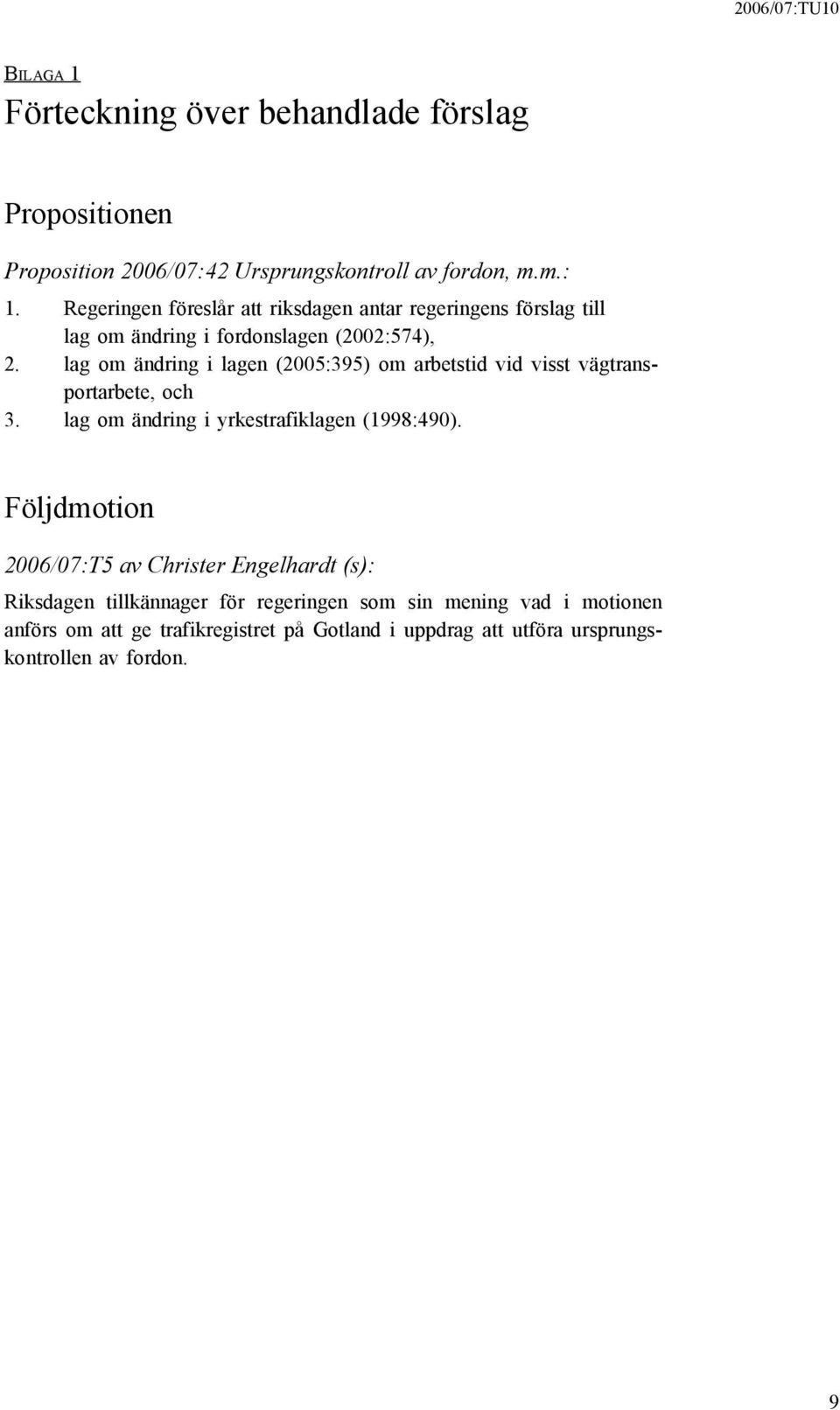 lag om ändring i lagen (2005:395) om arbetstid vid visst vägtransportarbete, och 3. lag om ändring i yrkestrafiklagen (1998:490).