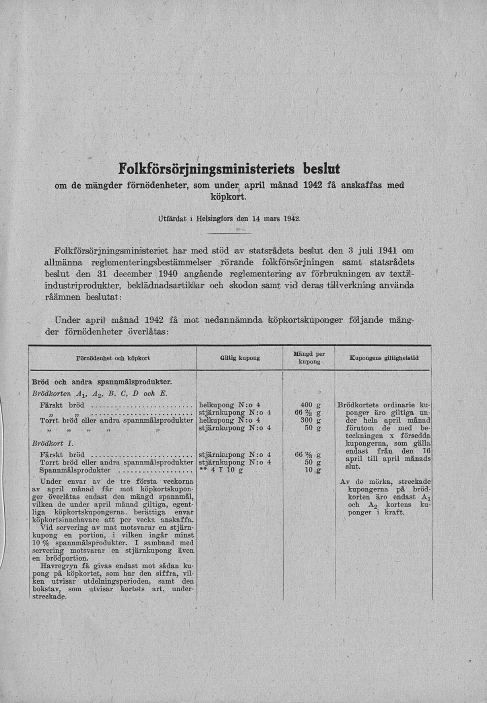 folkförsörjningen samt statsrådets beslut den 31 december 1940 angående reglementering av förbrukningen av textilindustmprodukter, bemädnadsartimar och skodon samt vid deras tillverkning använda