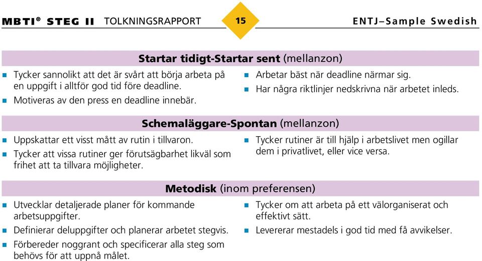 Tycker att vissa rutiner ger förutsägbarhet likväl som frihet att ta tillvara möjligheter. Utvecklar detaljerade planer för kommande arbetsuppgifter.