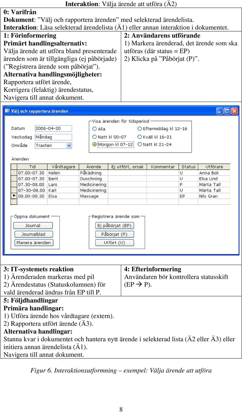 1: Förinformering 2: Användarens utförande Primärt handlingsalternativ: 1) Markera ärenderad, det ärende som ska Välja ärende att utföra bland presenterade utföras (där status = EP) ärenden som är