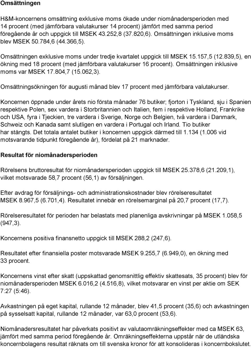 839,5), en ökning med 18 procent (med jämförbara valutakurser 16 procent). Omsättningen inklusive moms var MSEK 17.804,7 (15.062,3).