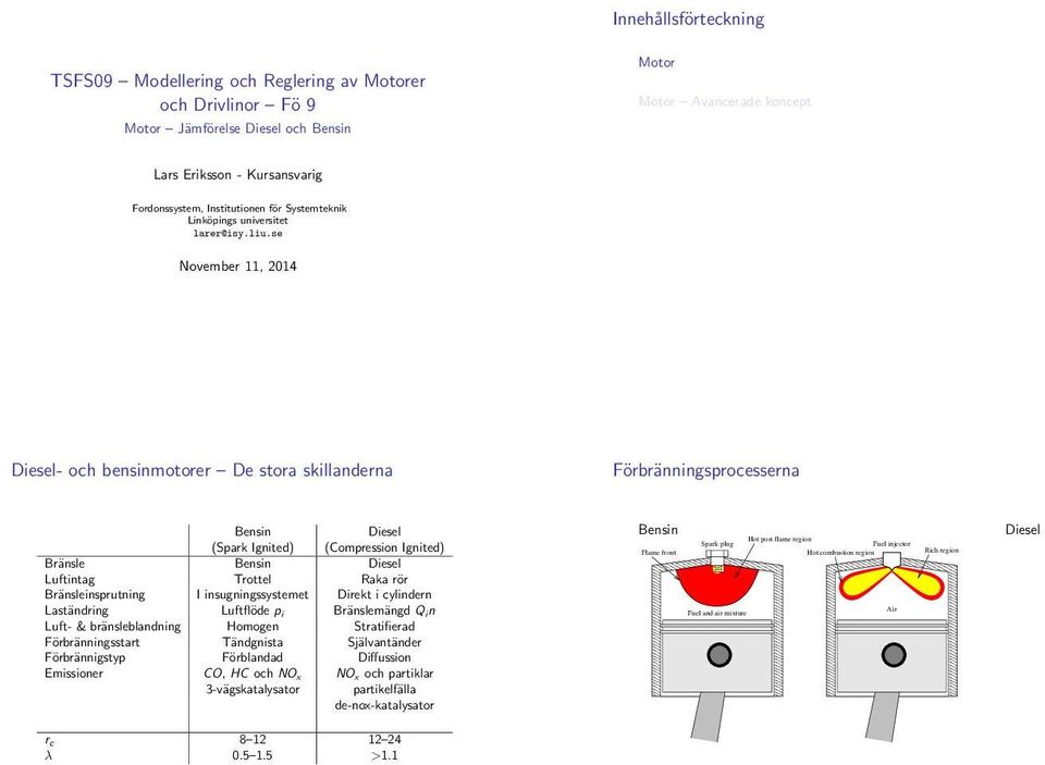 se November 11, 24 Diesel- och bensinmotorer De stora skillanderna Förbränningsprocesserna Bensin Diesel (Spark Ignited) (Compression Ignited) Bränsle Bensin Diesel Luftintag Trottel Raka rör