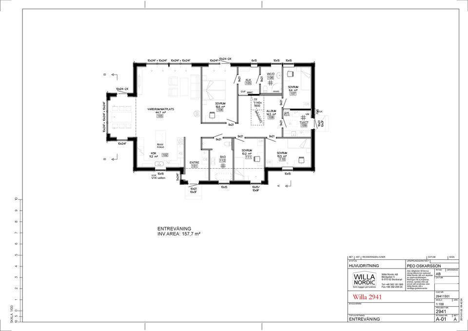 VUK (9000) 1200 9758 2400 4200 7958 4200 ENTREVÅNING INV.RE: 157,7 m² Huvudritning BET. NT.