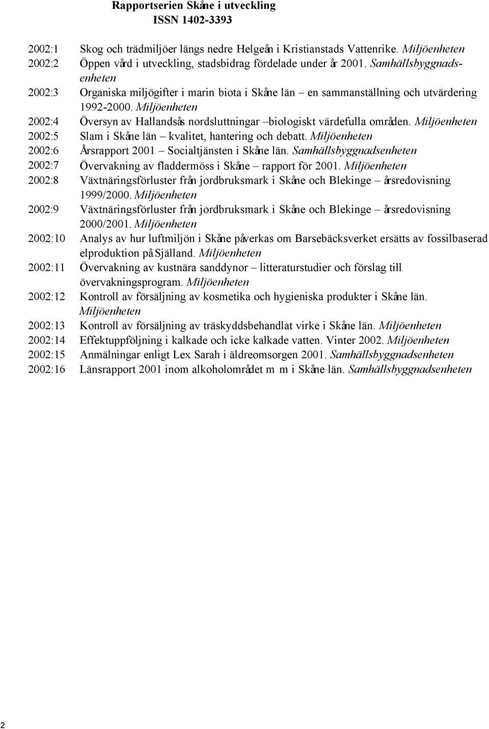 Samhällsbyggnadsenheten 2002:3 Organiska miljögifter i marin biota i Skåne län en sammanställning och utvärdering 1992-2000.