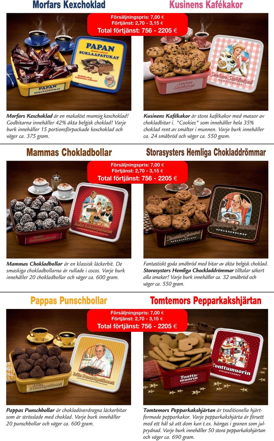 "Cookies" som innehåller hela 35% choklad rent av smälter i munnen. Varje burk innehåller ca. 24 småbröd och väger ca. 550 gram.