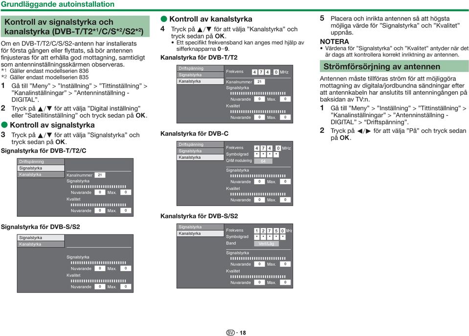 I Gäller endast modellserien 836 J Gäller endast modellserien 835 1 Gå till Meny > Inställning > Tittinställning > Kanalinställningar > Antenninställning - DIGITAL.