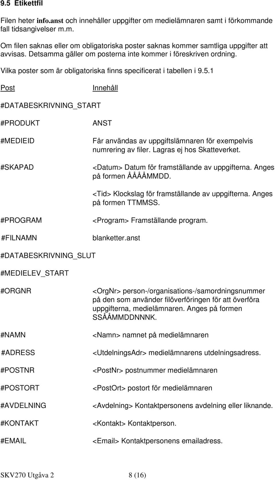 1 Post Innehåll #DATABESKRIVNING_START #PRODUKT #MEDIEID #SKAPAD ANST Får användas av uppgiftslämnaren för exempelvis numrering av filer. Lagras ej hos Skatteverket.