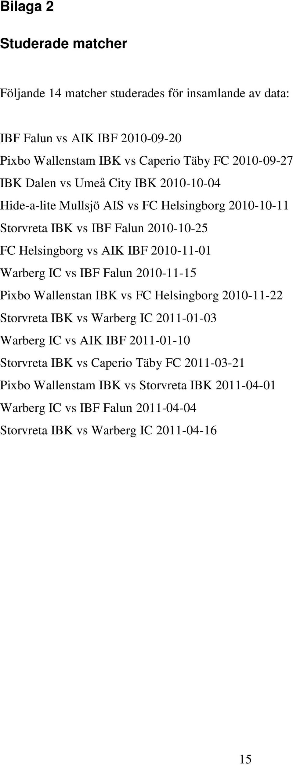 2010-11-01 Warberg IC vs IBF Falun 2010-11-15 Pixbo Wallenstan IBK vs FC Helsingborg 2010-11-22 Storvreta IBK vs Warberg IC 2011-01-03 Warberg IC vs AIK IBF
