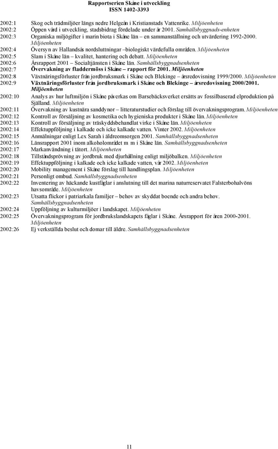 Samhällsbyggnads-enheten 2002:3 Organiska miljögifter i marin biota i Skåne län en sammanställning och utvärdering 1992-2000.