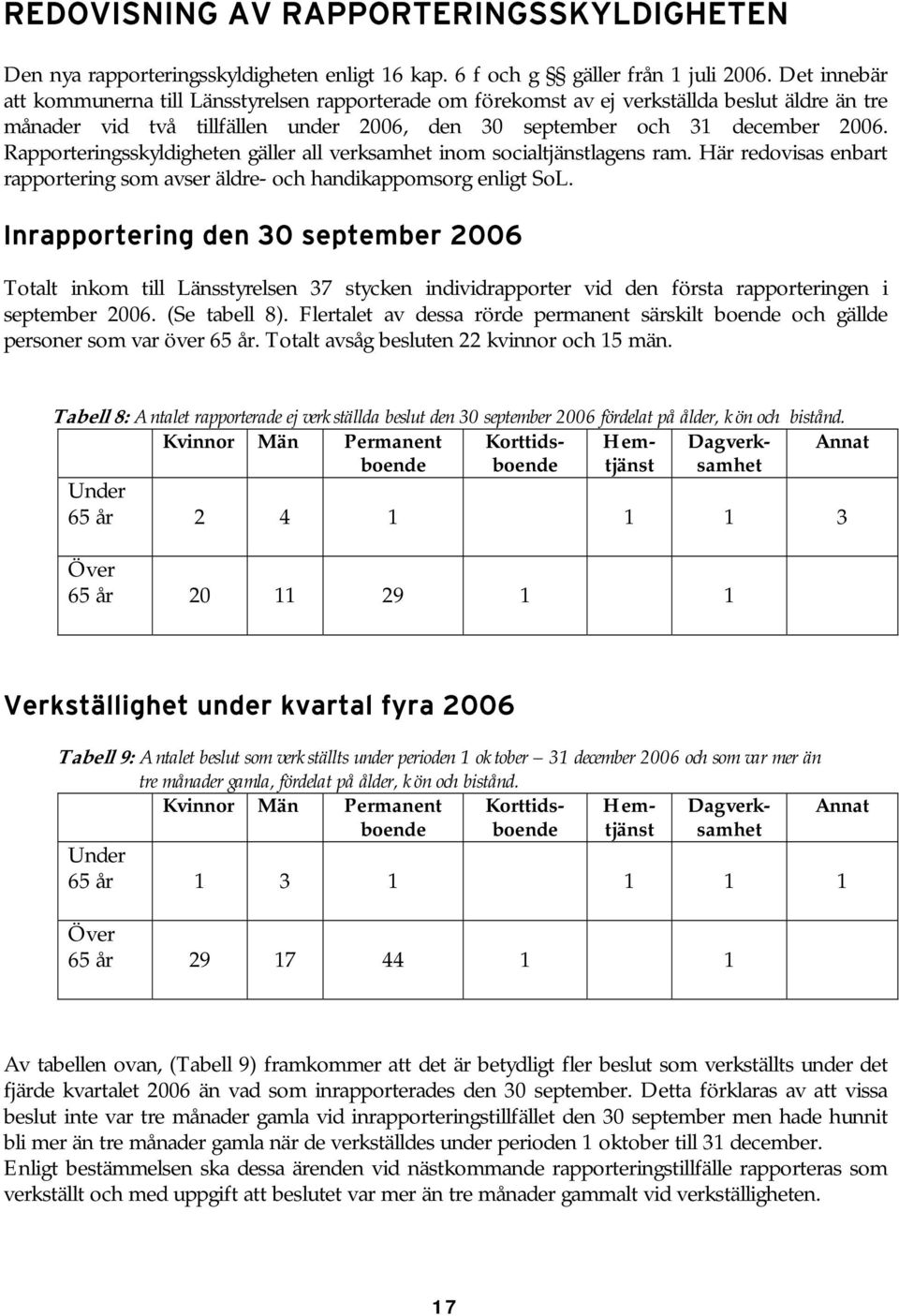 Rapporteringsskyldigheten gäller all verksamhet inom socialtjänstlagens ram. Här redovisas enbart rapportering som avser äldre- och handikappomsorg enligt SoL.