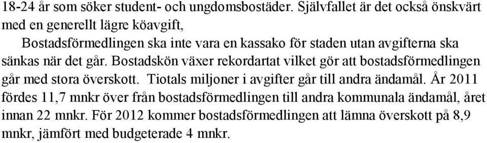 ska sänkas när det går. Bostadskön växer rekordartat vilket gör att bostadsförmedlingen går med stora överskott.