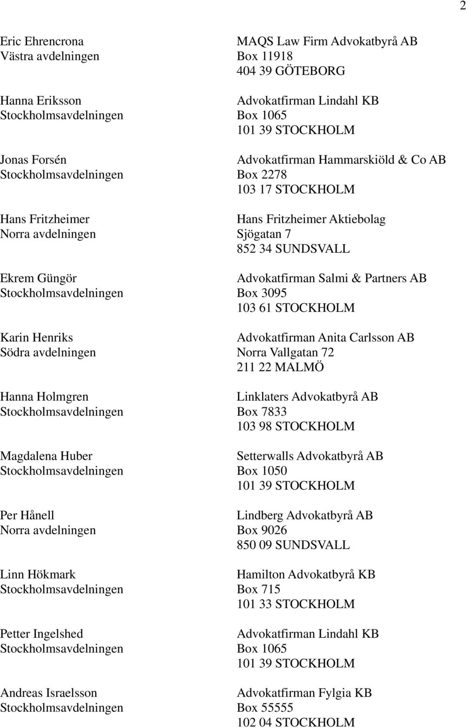 34 SUNDSVALL Advokatfirman Salmi & Partners AB Box 3095 103 61 STOCKHOLM Advokatfirman Anita Carlsson AB Norra Vallgatan 72 211 22 MALMÖ Linklaters Advokatbyrå AB Box 7833 103 98