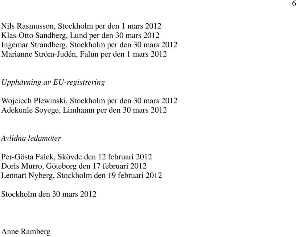 per den 30 mars 2012 Adekunle Soyege, Limhamn per den 30 mars 2012 Avlidna ledamöter Per-Gösta Falck, Skövde den 12 februari