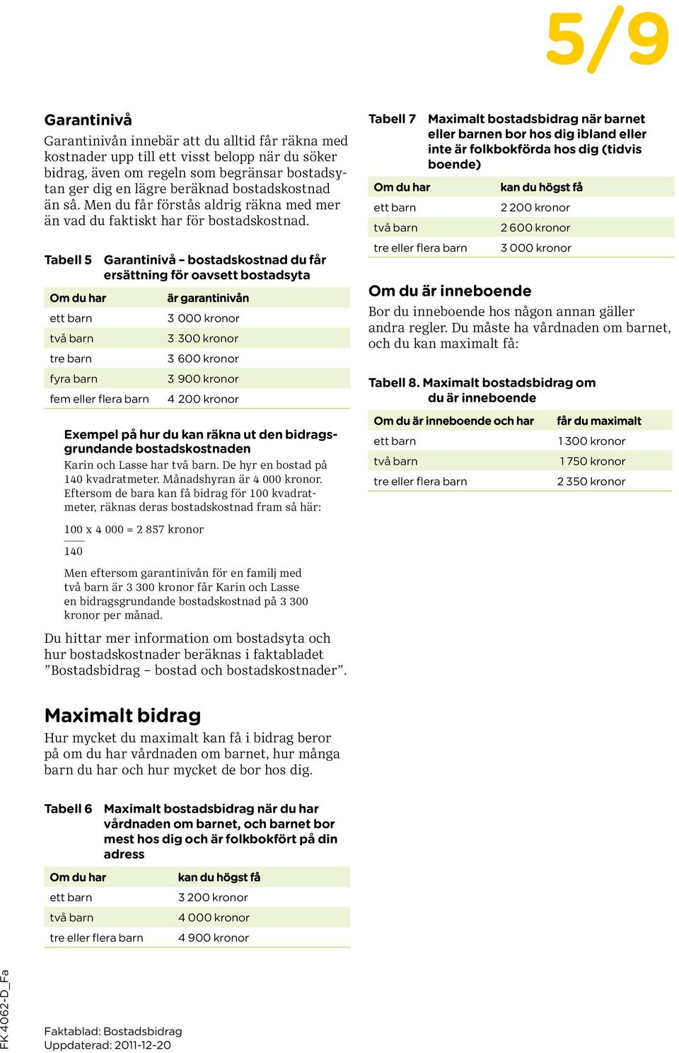 Tabell 5 tre barn fyra barn fem eller flera barn Garantinivå bostadskostnad du får ersättning för oavsett bostadsyta är garantinivån 3 000 kronor 3 300 kronor 3 600 kronor 3 900 kronor 4 200 kronor