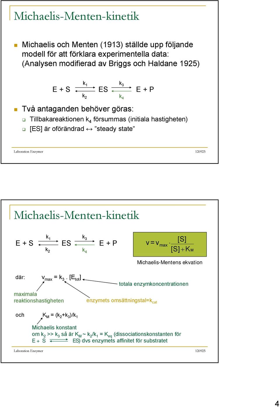 + S ES E + P k 2 k 3 k 4 v =v max K M Michaelis-Mentens ekvation där: v max = k 3.