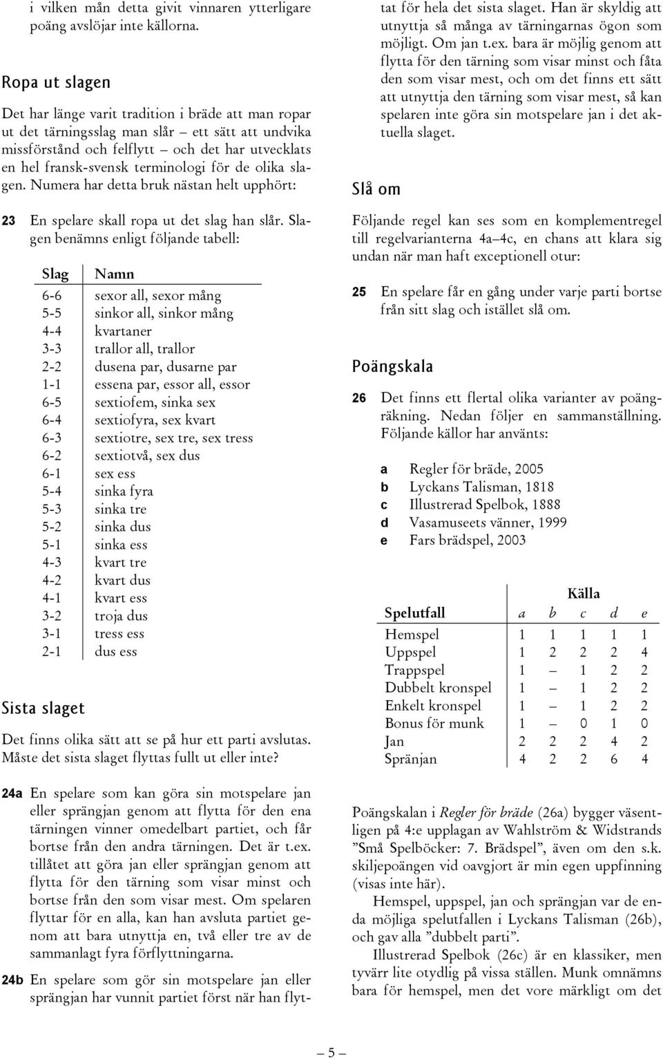 för de olika slagen. Numera har detta bruk nästan helt upphört: 23 En spelare skall ropa ut det slag han slår.