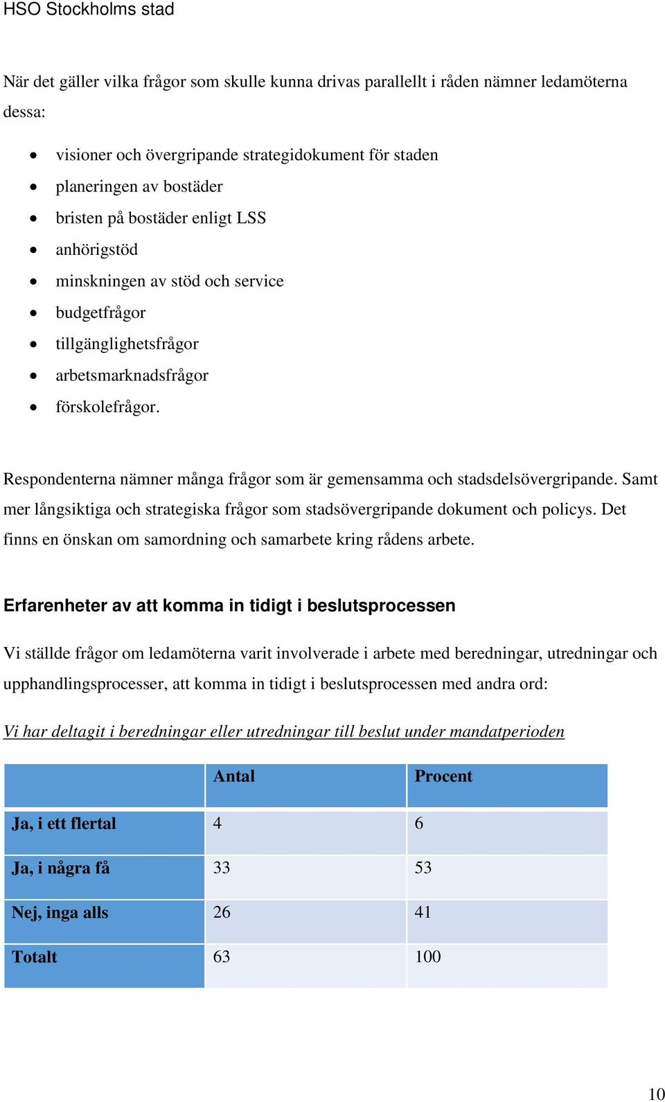 Respondenterna nämner många frågor som är gemensamma och stadsdelsövergripande. Samt mer långsiktiga och strategiska frågor som stadsövergripande dokument och policys.