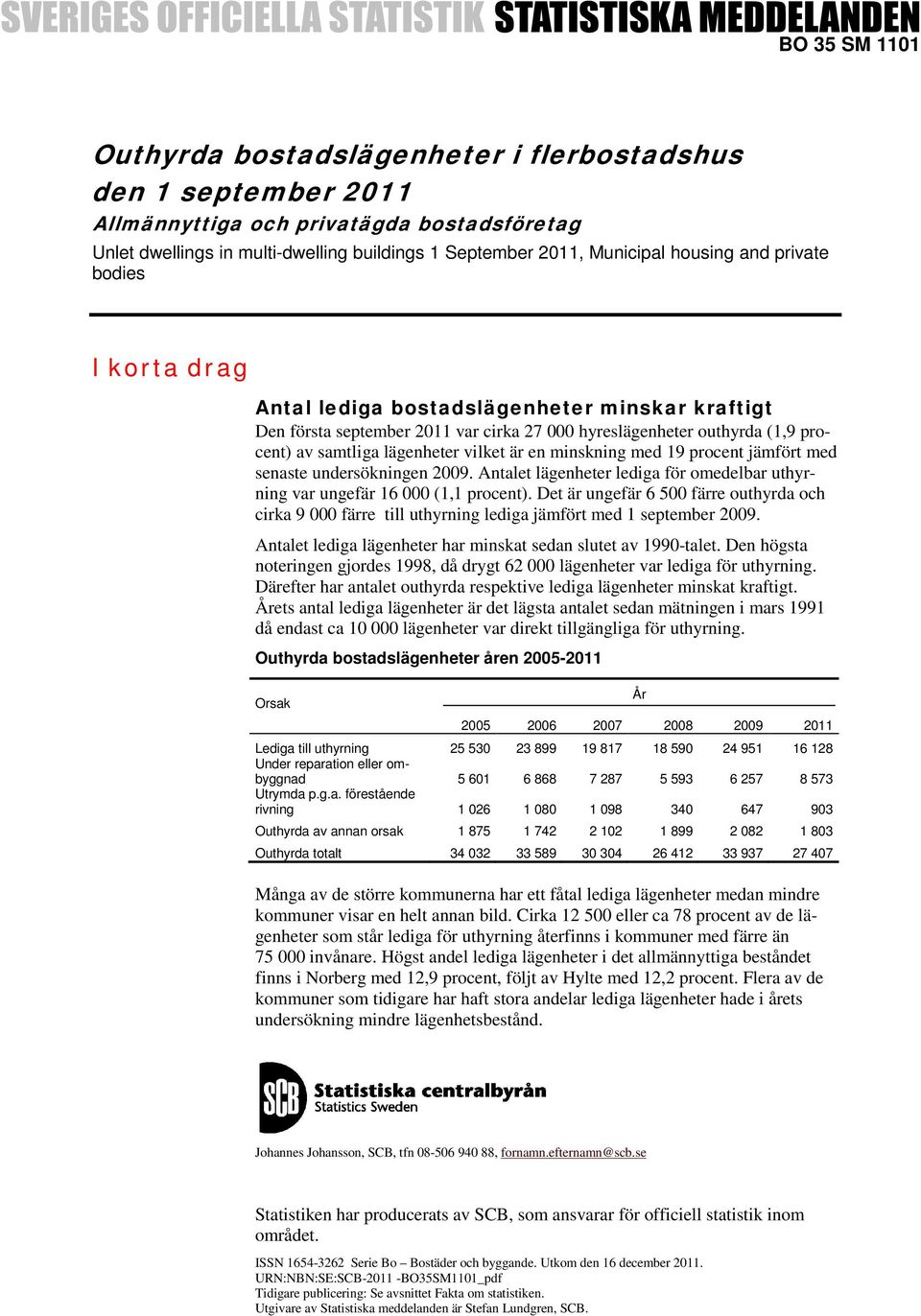 är en minskning med 19 procent jämfört med senaste undersökningen 2009. Antalet lägenheter lediga för omedelbar uthyrning var ungefär 16 000 (1,1 procent).