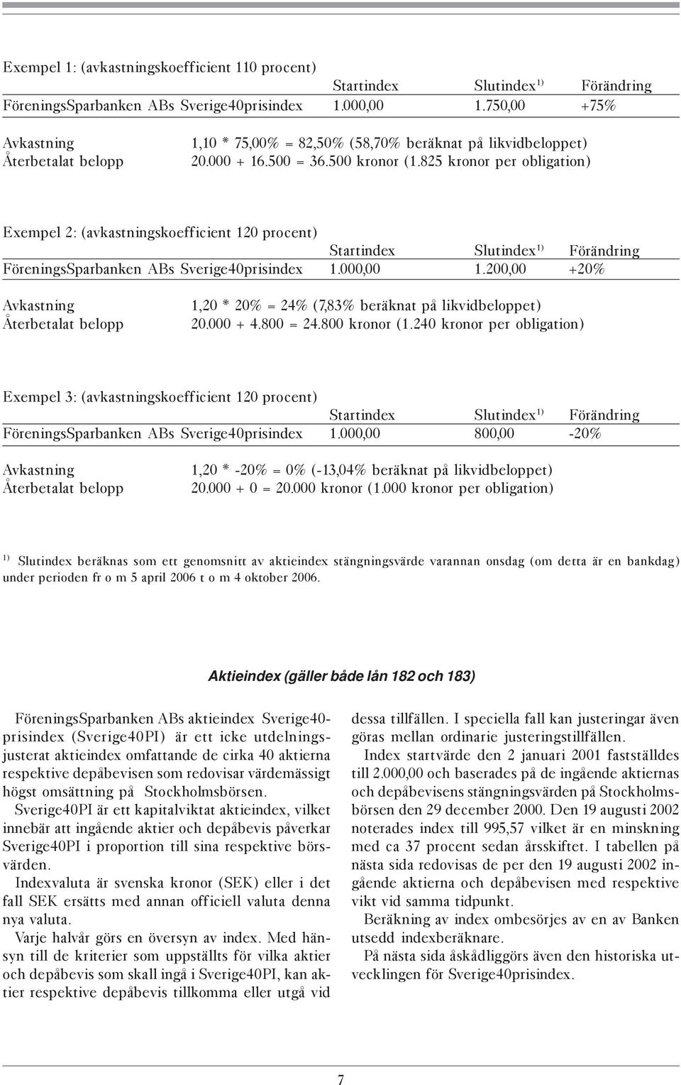 825 kronor per obligation) Exempel 2: (avkastningskoefficient 120 procent) Startindex Slutindex 1) Förändring FöreningsSparbanken ABs Sverige40prisindex 1.000,00 1.