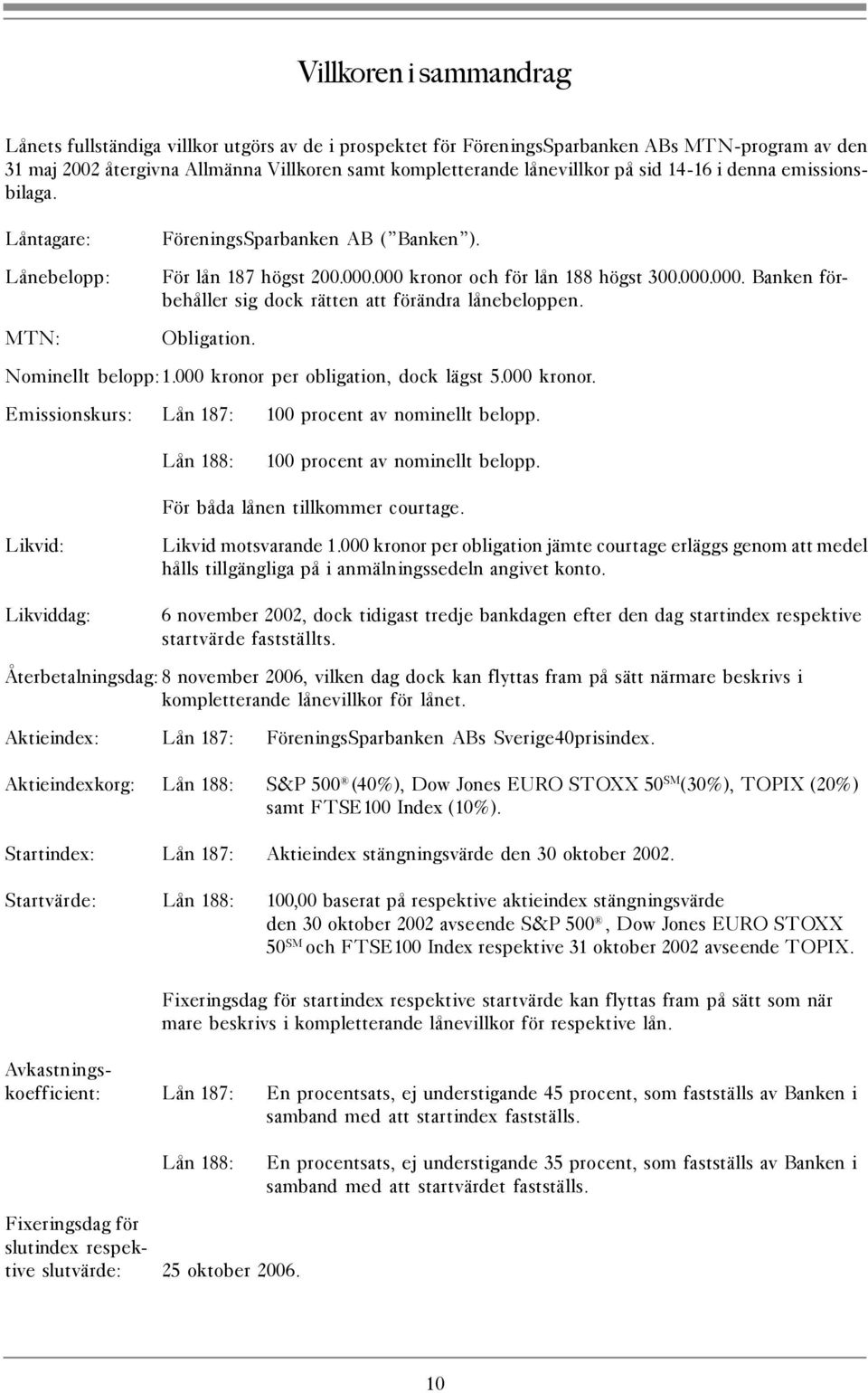 Obligation. Nominellt belopp: 1.000 kronor per obligation, dock lägst 5.000 kronor. Emissionskurs: Lån 187: 100 procent av nominellt belopp. Lån 188: 100 procent av nominellt belopp.