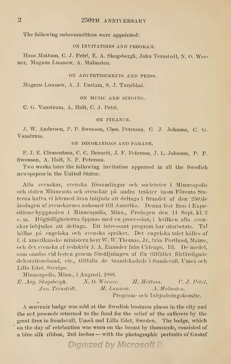 G. Vanstrum. ON DECORATIONS AND PARADE. P. J. E. Clementson, C. C. Bennett, J. F. Peterson,