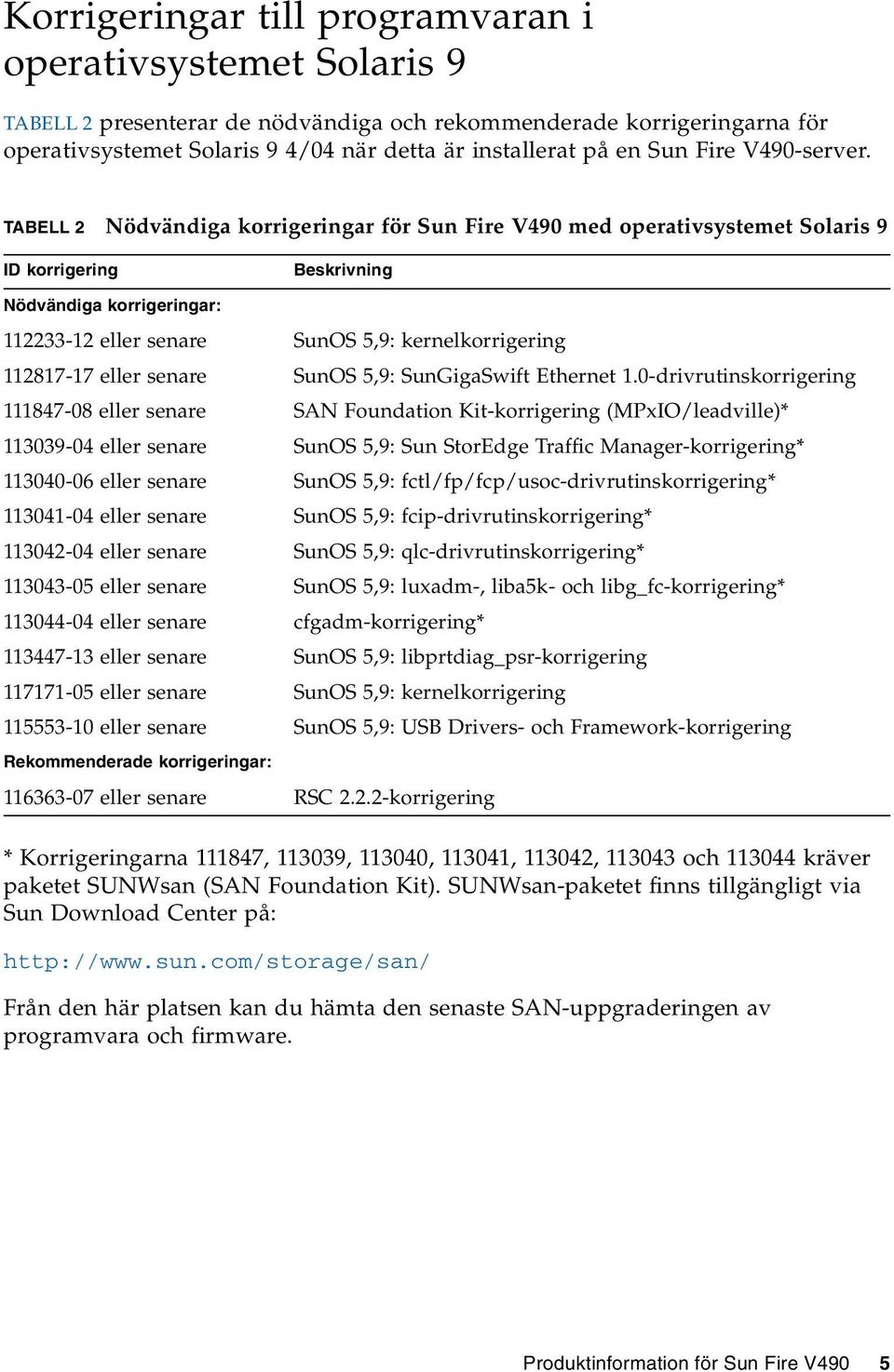 TABELL 2 Nödvändiga korrigeringar för Sun Fire V490 med operativsystemet Solaris 9 ID korrigering Beskrivning Nödvändiga korrigeringar: 112233-12 eller senare SunOS 5,9: kernelkorrigering 112817-17