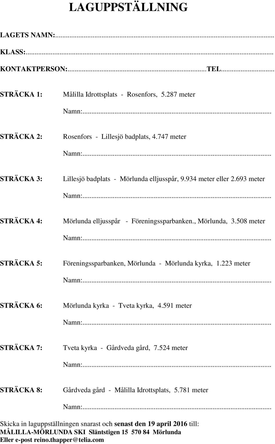 508 meter STRÄCKA 5: Föreningssparbanken, Mörlunda - Mörlunda kyrka, 1.223 meter STRÄCKA 6: Mörlunda kyrka - Tveta kyrka, 4.591 meter STRÄCKA 7: Tveta kyrka - Gårdveda gård, 7.