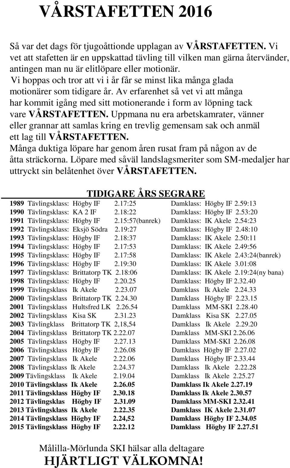 Vi hoppas och tror att vi i år får se minst lika många glada motionärer som tidigare år.