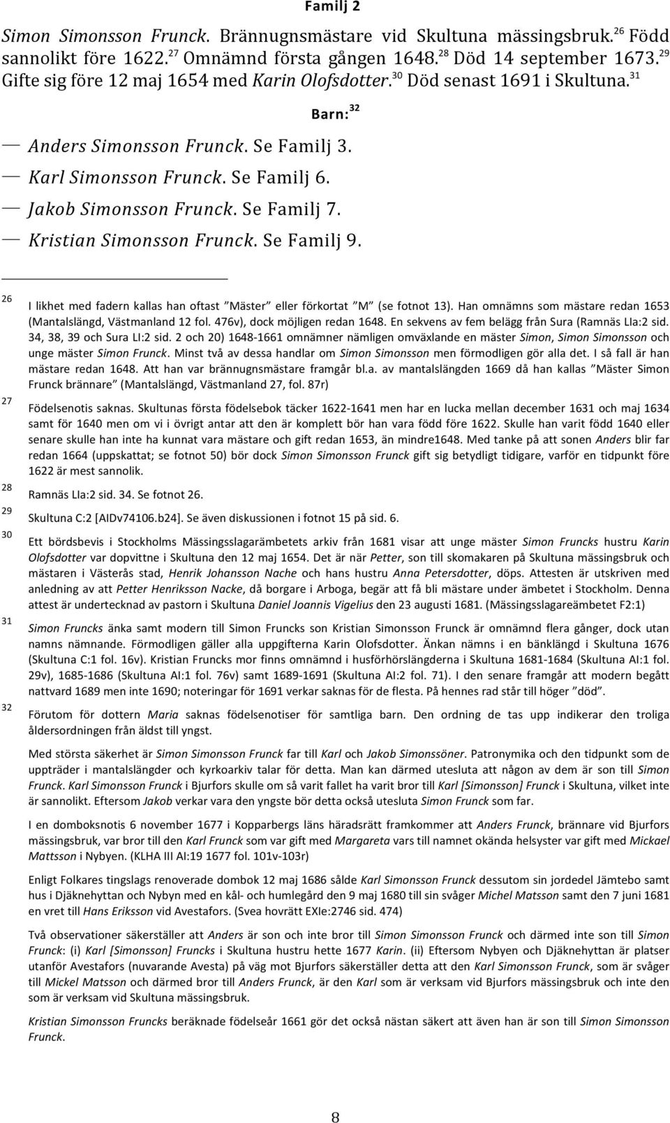 Se Familj 7. Kristian Simonsson Frunck. Se Familj 9. 26 27 28 29 30 31 32 I likhet med fadern kallas han oftast Mäster eller förkortat M (se fotnot 13).