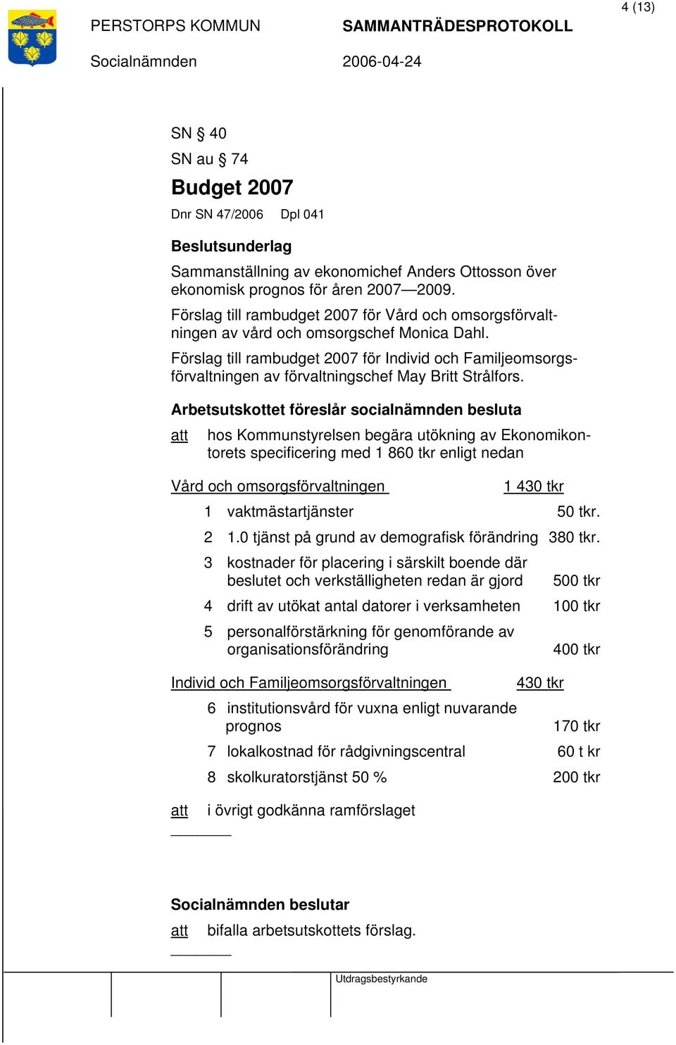 Förslag till rambudget 2007 för Individ och Familjeomsorgsförvaltningen av förvaltningschef May Britt Strålfors.