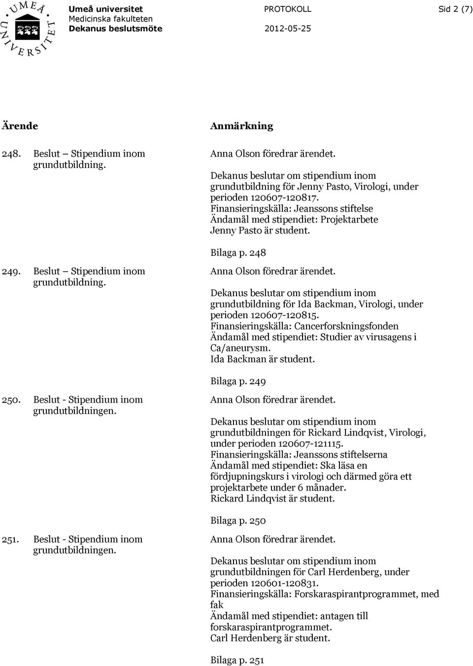 Beslut Stipendium inom grundutbildning för Ida Backman, Virologi, under perioden 120607-120815. Finansieringskälla: Cancerforskningsfonden Ändamål med stipendiet: Studier av virusagens i Ca/aneurysm.