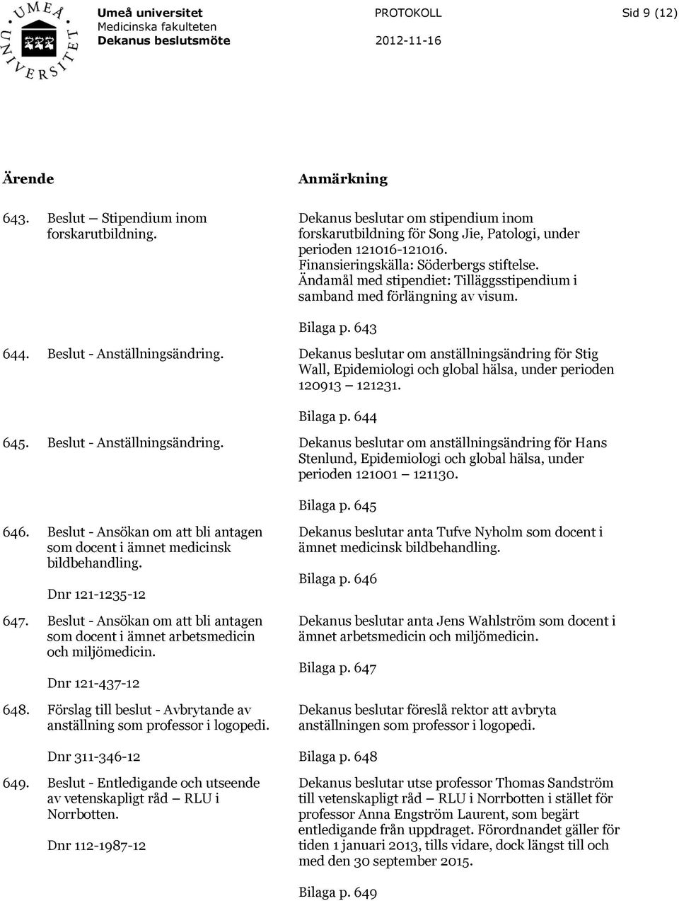 Dekanus beslutar om anställningsändring för Stig Wall, Epidemiologi och global hälsa, under perioden 120913 121231. Bilaga p. 644 645. Beslut - Anställningsändring.