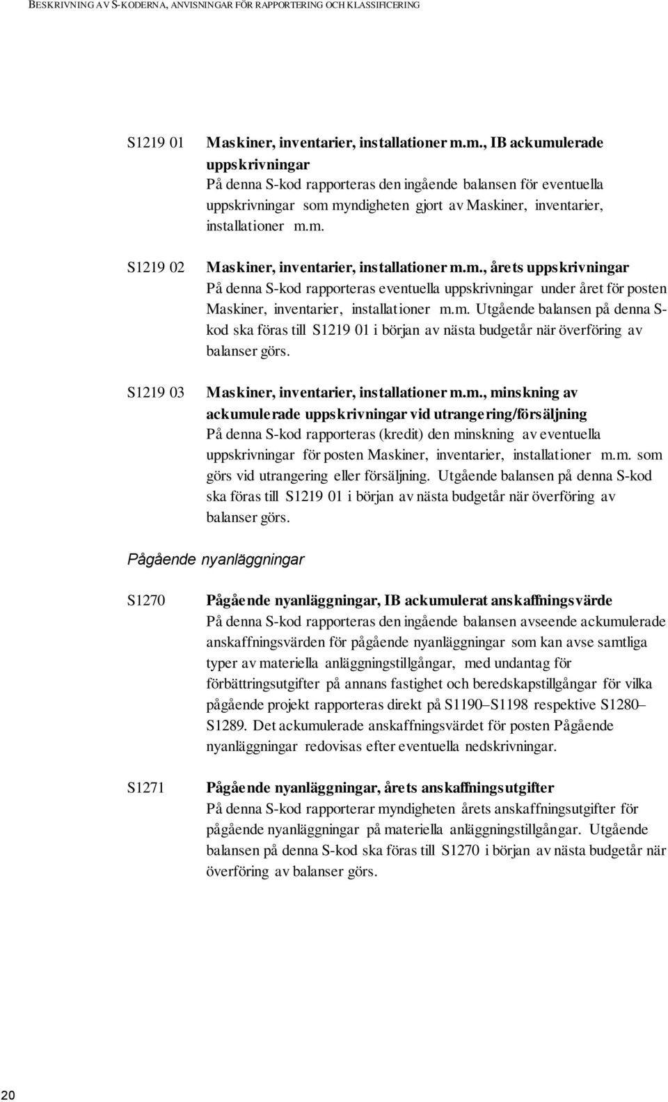 m. Utgående balansen på denna S- kod ska föras till S1219 01 i början av nästa budgetår när överföring av balanser görs. Maskiner, inventarier, installationer m.m., minskning av ackumulerade