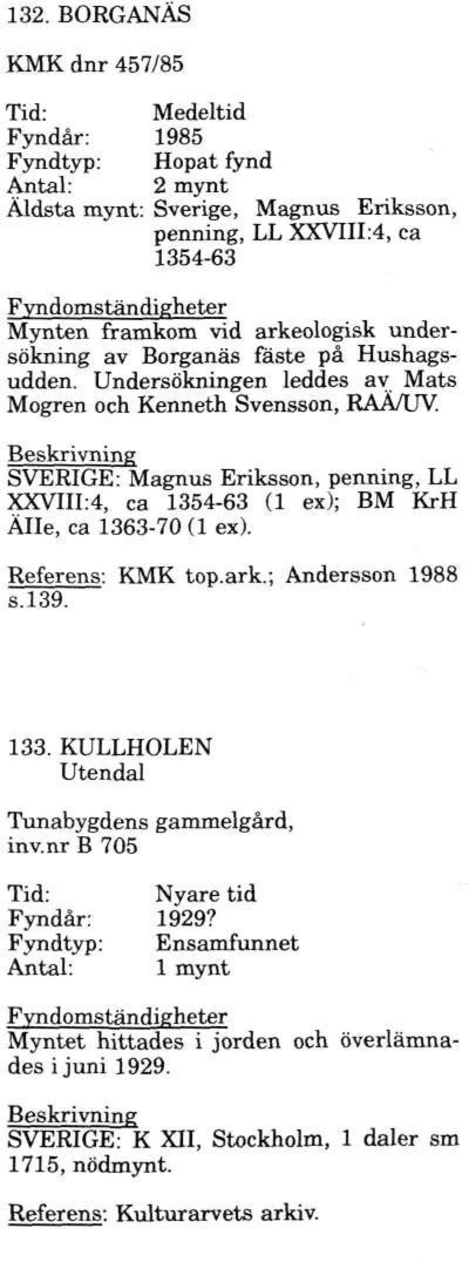 SVERIGE: Magnus Eriksson, penning, LL XXVIIL4, ca 1354-63 (1 ex); BM KrH Alle, ca 1363-70 (1 ex). Referens: KMK top.ark.; Andersson 1988 s.139. 133.