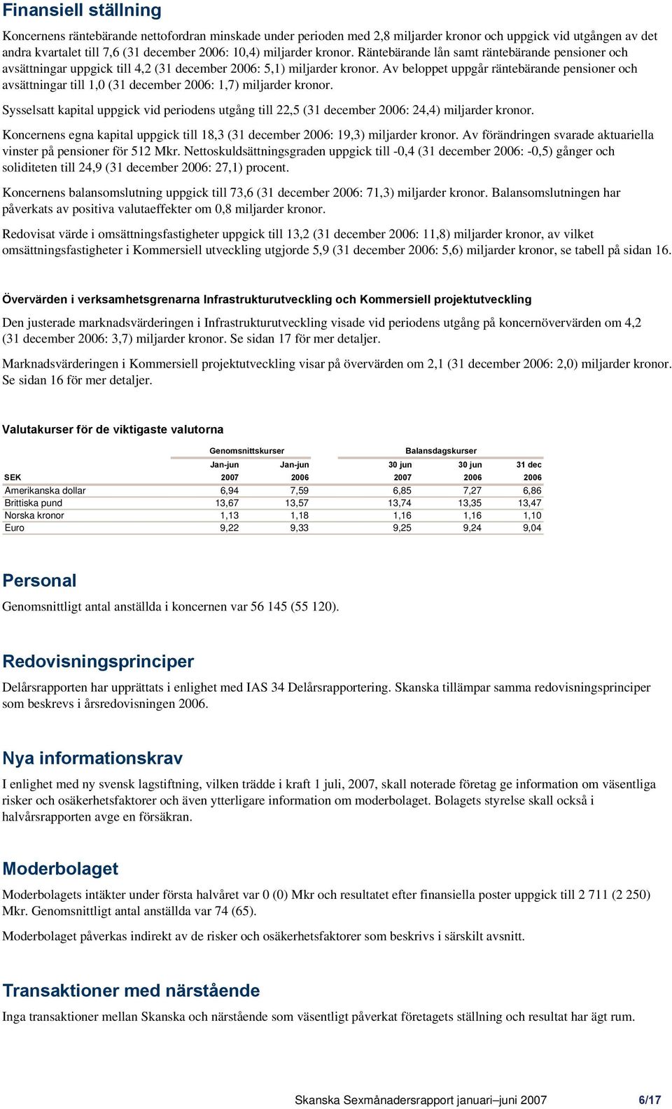 Av beloppet uppgår räntebärande pensioner och avsättningar till 1,0 (31 december 2006: 1,7) miljarder kronor.