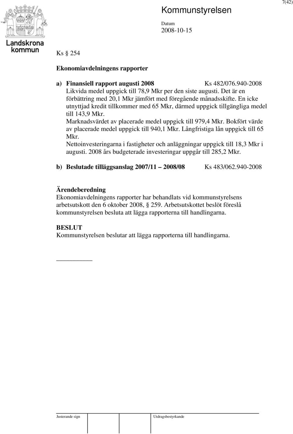 Marknadsvärdet av placerade medel uppgick till 979,4 Mkr. Bokfört värde av placerade medel uppgick till 940,1 Mkr. Långfristiga lån uppgick till 65 Mkr.