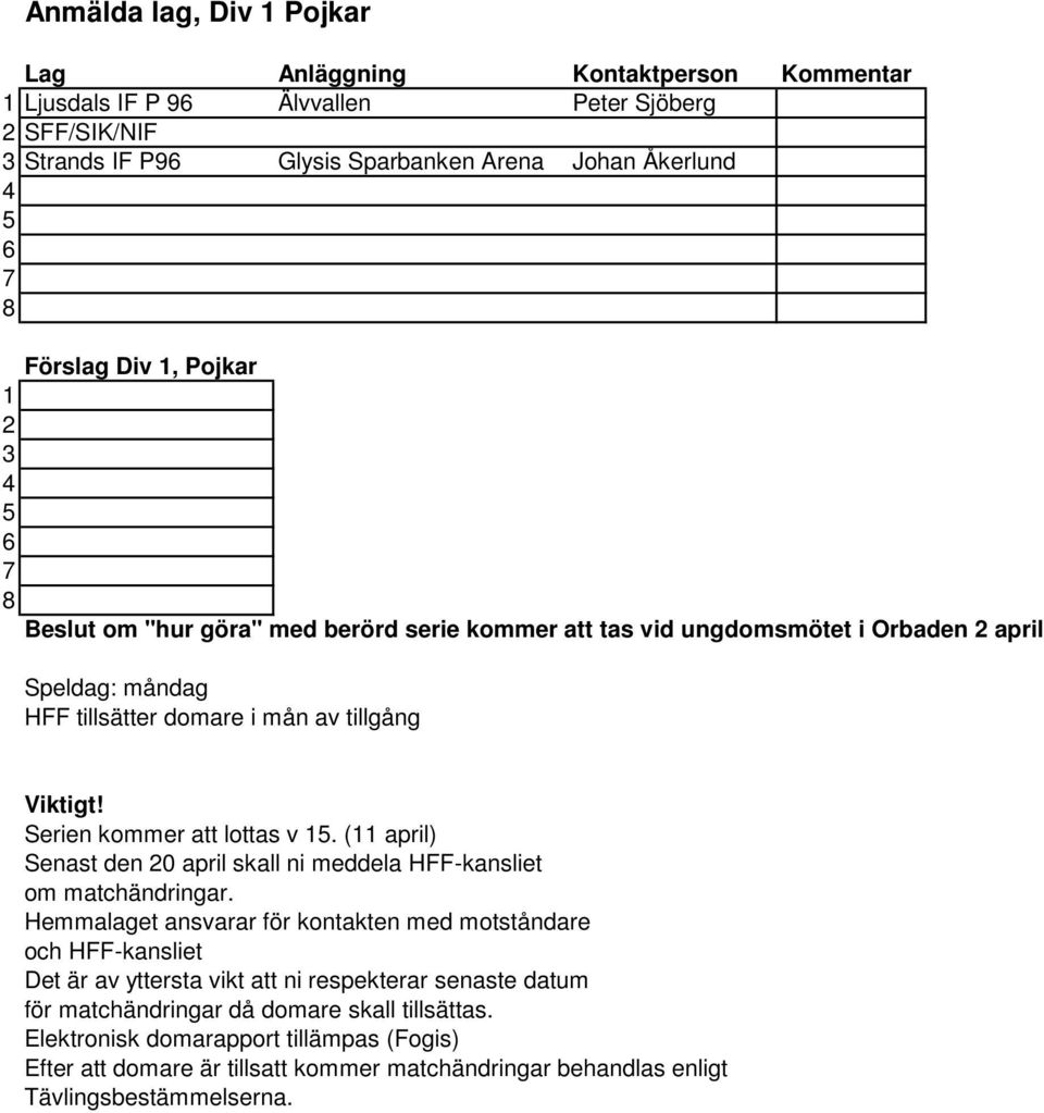 (11 april) Senast den 20 april skall ni meddela HFF-kansliet om matchändringar.