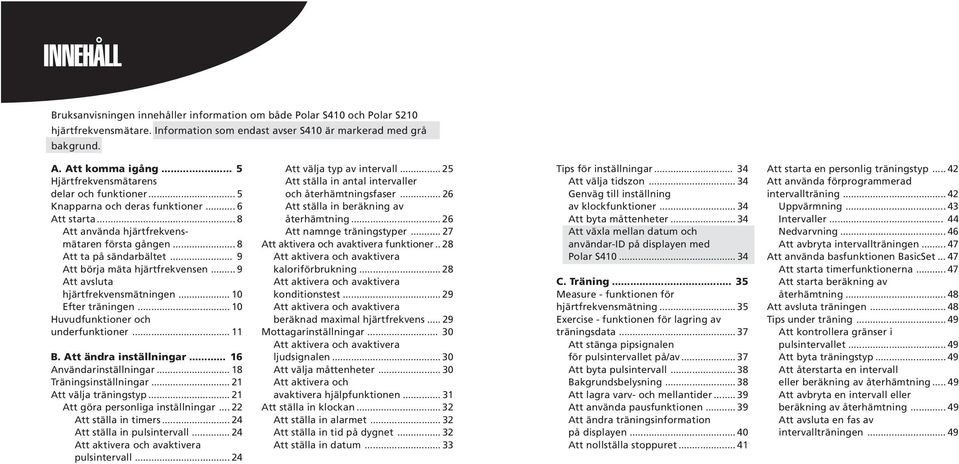 .. 9 Att börja mäta hjärtfrekvensen... 9 Att avsluta hjärtfrekvensmätningen... 10 Efter träningen... 10 Huvudfunktioner och underfunktioner... 11 B. Att ändra inställningar... 16 Användarinställningar.