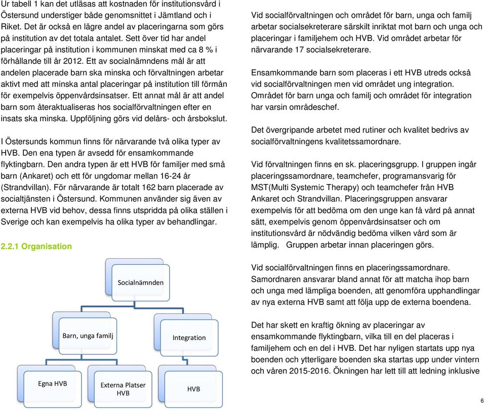 Ett av socialnämndens mål är att andelen placerade barn ska minska och förvaltningen arbetar aktivt med att minska antal placeringar på institution till förmån för exempelvis öppenvårdsinsatser.