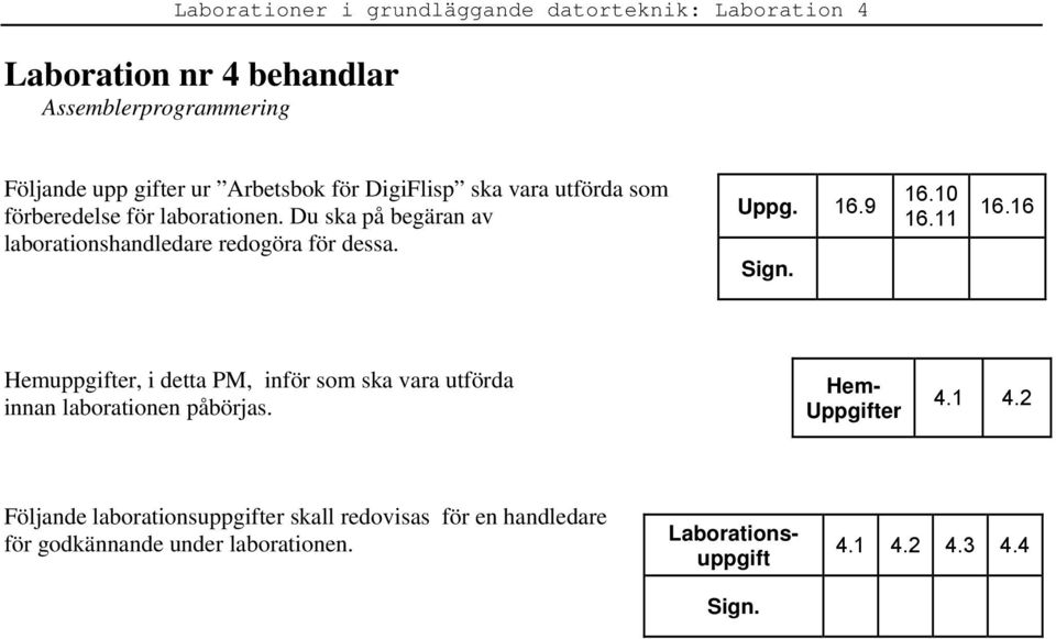 11 16.16 Hemuppgifter, i detta PM, inför som ska vara utförda innan laborationen påbörjas. Hem- Uppgifter 4.1 4.