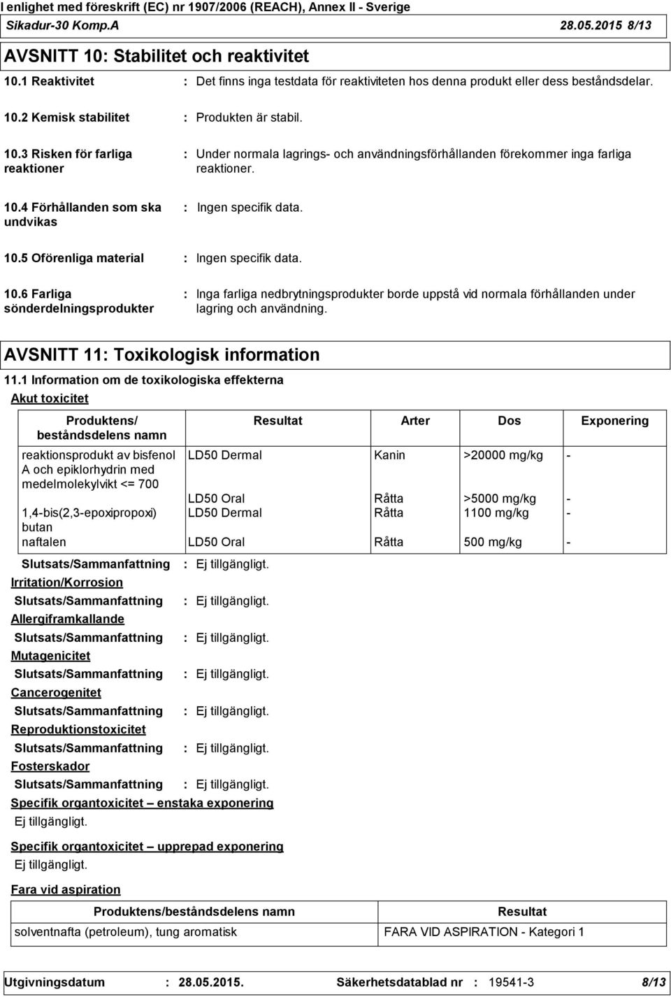 10.6 Farliga sönderdelningsprodukter Inga farliga nedbrytningsprodukter borde uppstå vid normala förhållanden under lagring och användning. AVSNITT 11 Toxikologisk information 11.